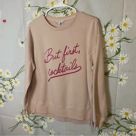 WILDFOX But First Cocktails pink tan cute quote graphic relaxed fit sweatshirt - Picture 2 of 9